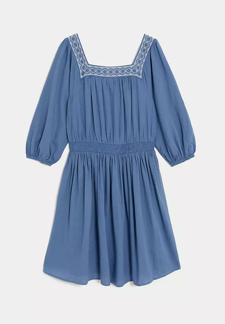 Linen Blend Embroidered Shirred Dress