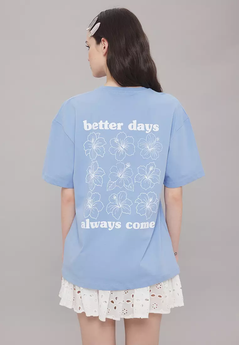 Light Blue Oversize/Wide Pattern Front Back Printed Knitted T-Shirt