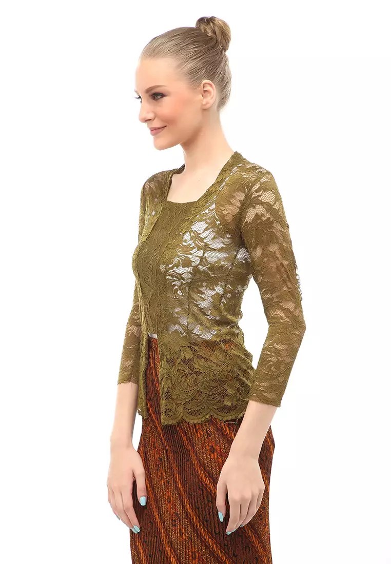 Hara Kebaya Seri 2 Motif Brokat Long Sleeves Atasan Wanita Transparan Premium Quality - Army