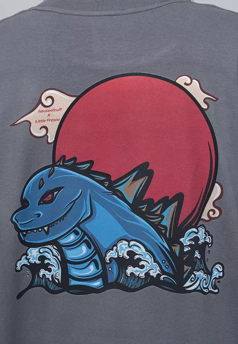 Houseofcuff Kaos Oversized T-shirt Wanita Unisex Tebal Abu Tua Dragon