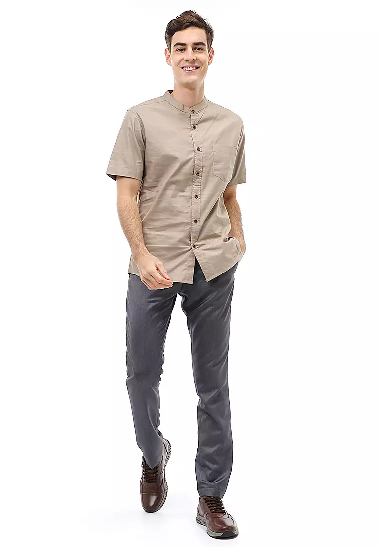 Dwan Atasan Kasual Kemeja Koko Pria Slim Fit Lengan Pendek Material Cotton ORIGINAL - Dark Khaki