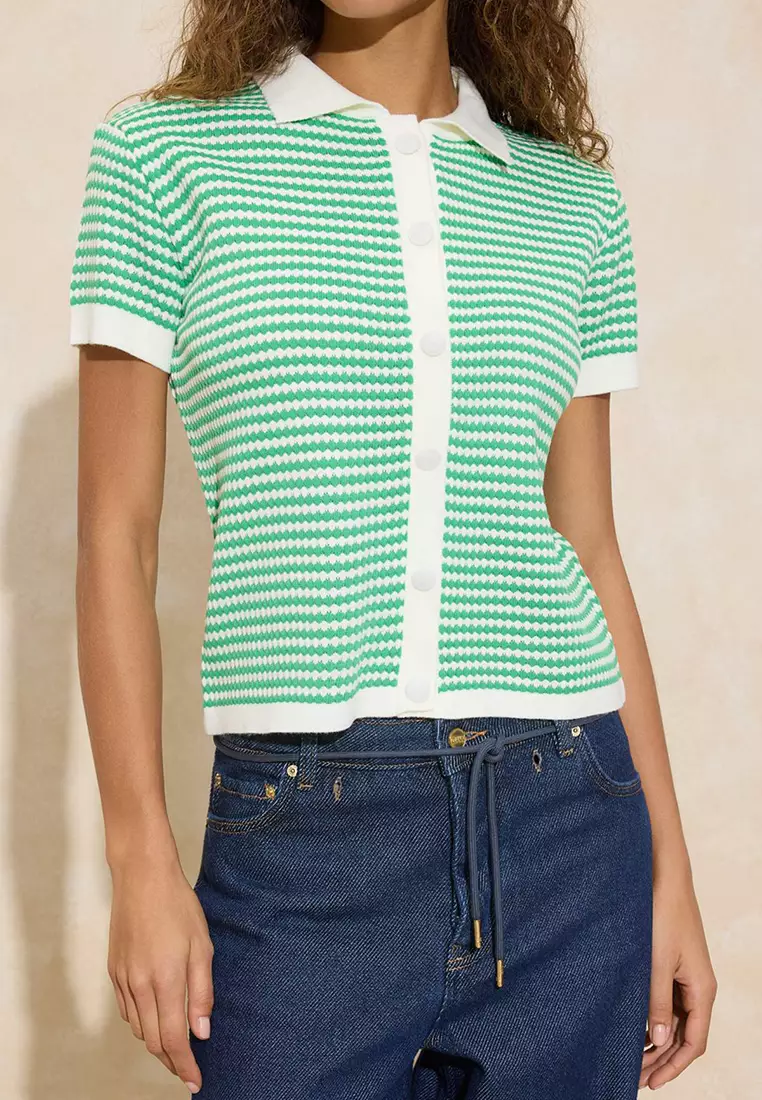 Green Polo Neck Striped Knitwear Medium Blouse Twoss25Bz183