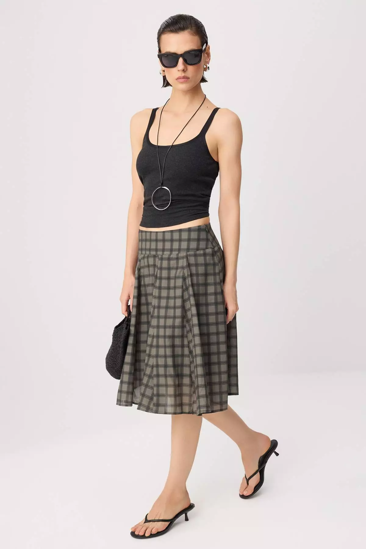 Khaki Mini Plaid Lined Midi Skirt Twoss26Et00263