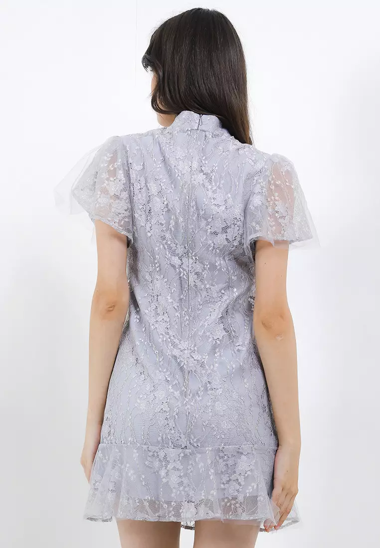 Ruffle Sleeve And Hem Tulle Detail Lace Qipao Dress