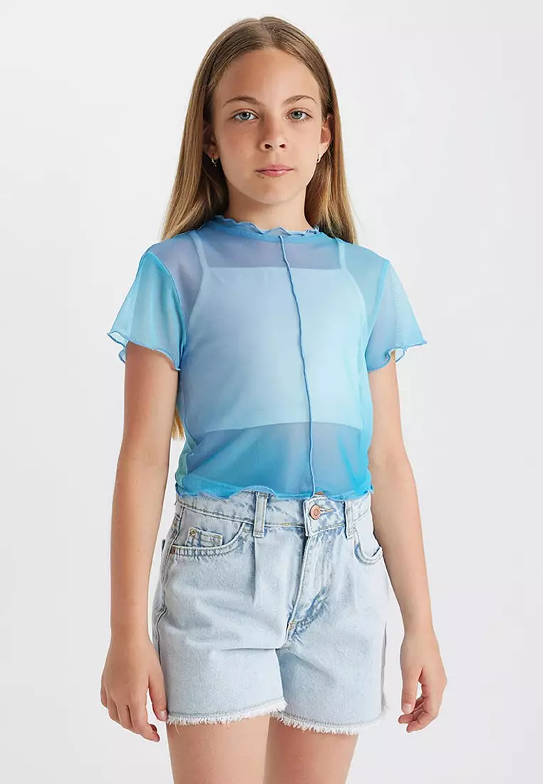 Crop Crew Neck Gradient Printed Tulle Short Sleeve T-Shirt Undershirt 2-Piece Set