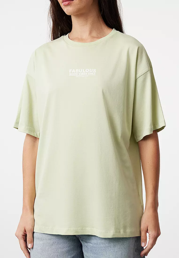 Mint Back And Front Printed Oversize/Wide Cut Knitted T-Shirt