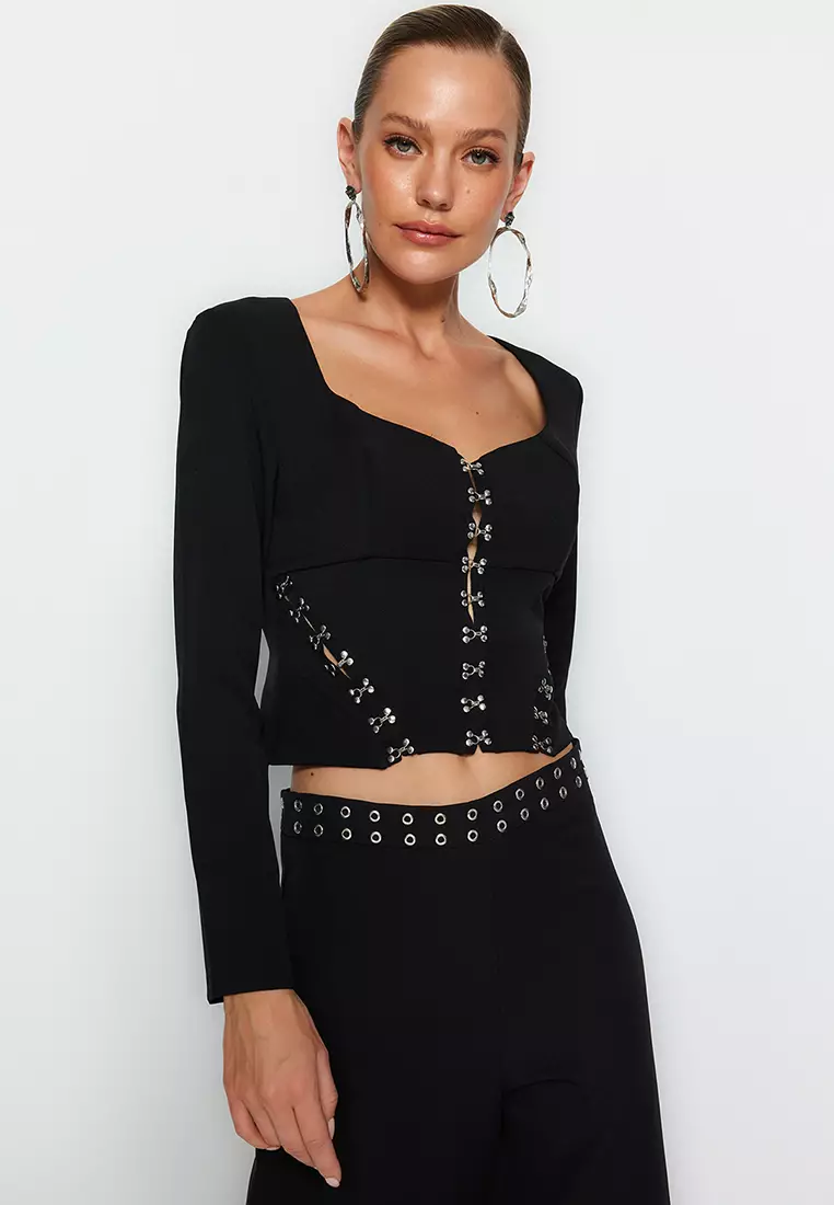 Black Lace Long Sleeve Square Neck Crop Top