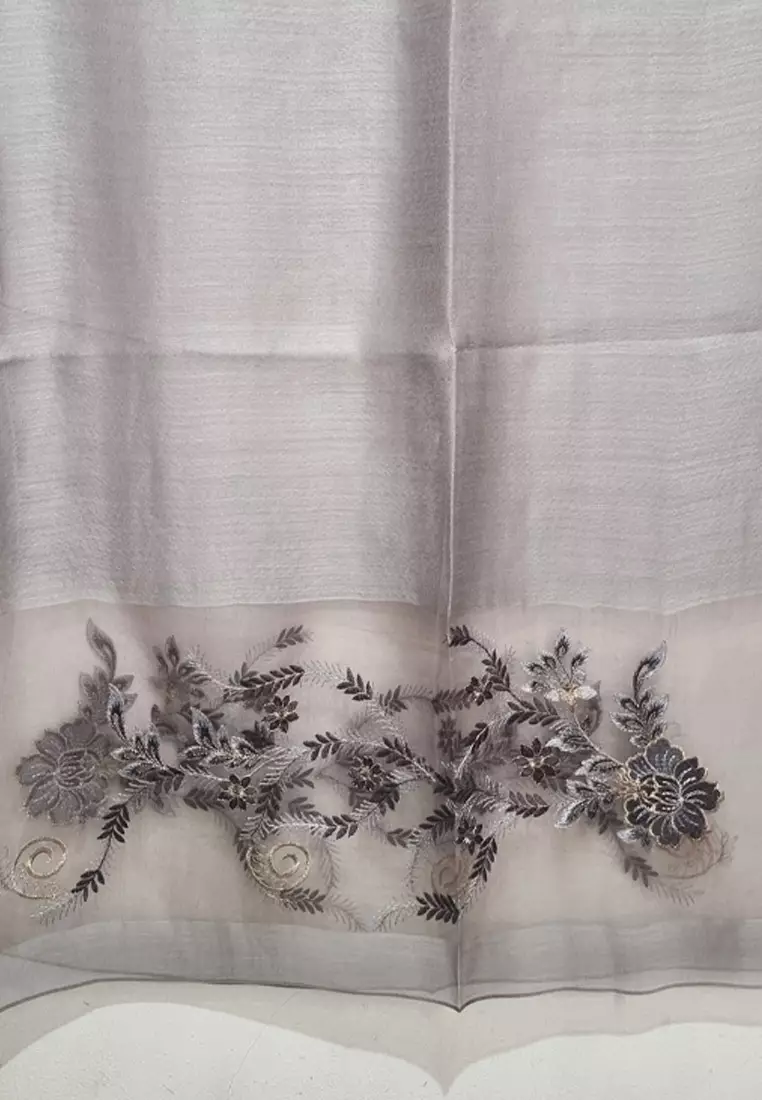 Golden Thread Embroidery Camelia Floral Silk Shawl Syal Sutra Wanita Grey