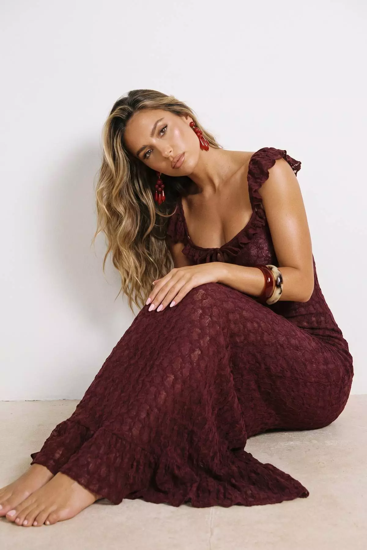 Plum Knitted Maxi Ruffled Sheer Beach Dress Tbess26El00010