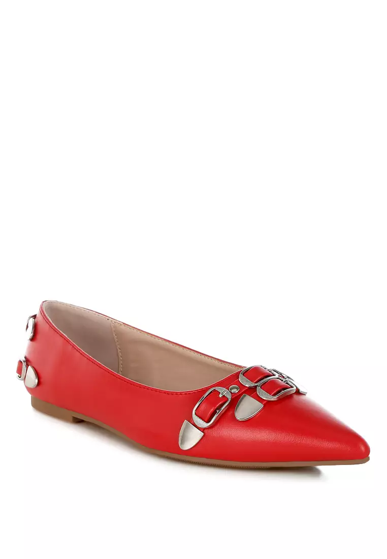 Belt Buckle Detail Ballerinas In Red