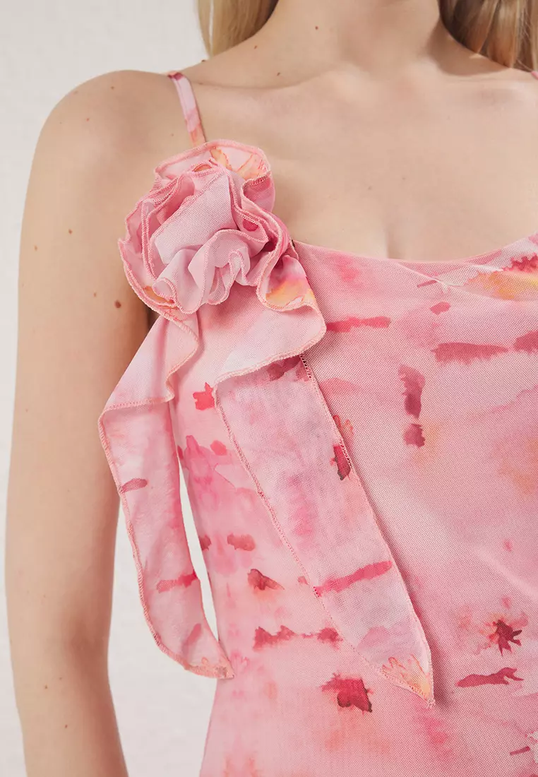 Pink Abstract Printed Tulle Drawstring / Drape Maxi Knitted Dress