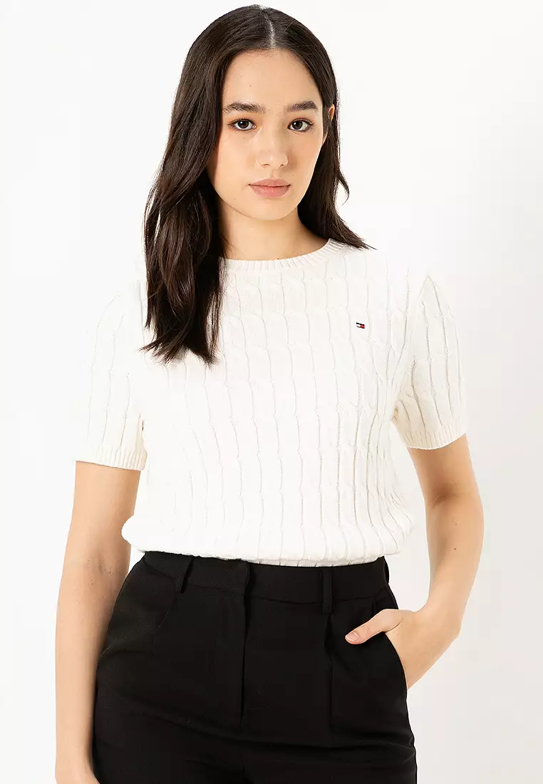 Cable Knit White Short Sleeve Jumper Ladies Tommy Hilfiger Ladies
