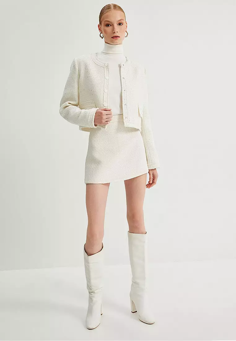Glittery Round Neck Tweed Jacket