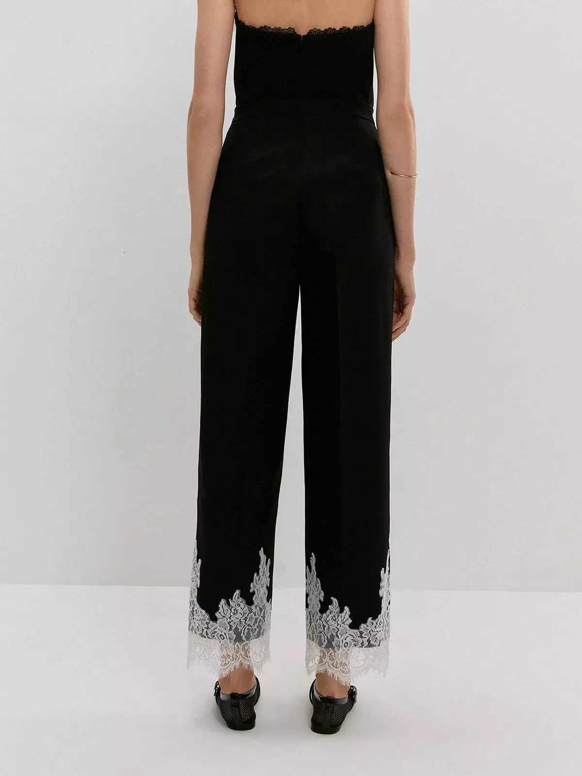 Floral Lace Hem Pants - Black