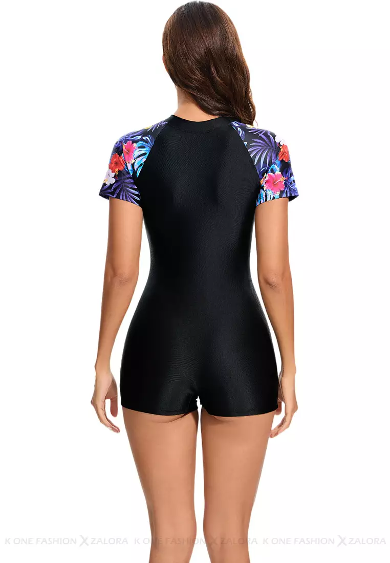 Surf Print Short Sleeve One Piece Swimsuit