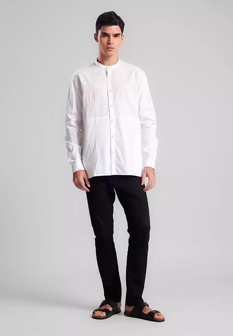 MANZONE - Kemeja Koko Lengan Panjang Pria Laith Comfort Fit - White Warna White