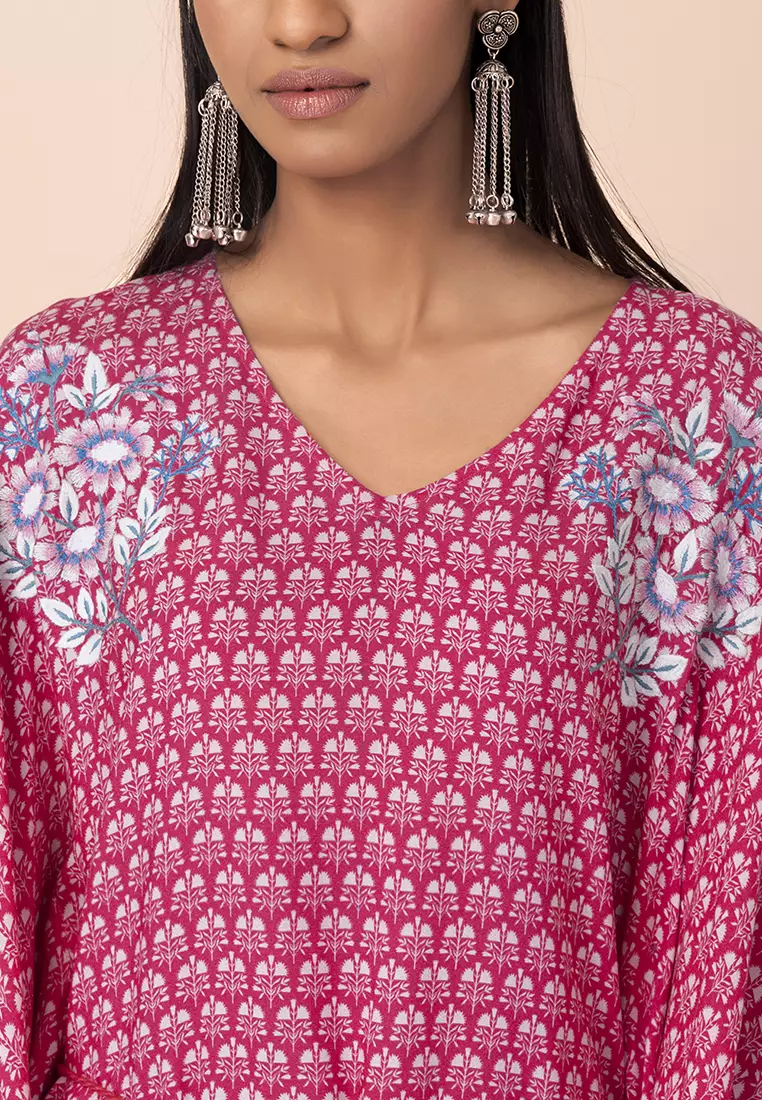 Pink Embroidered Belted Kaftan Kurta