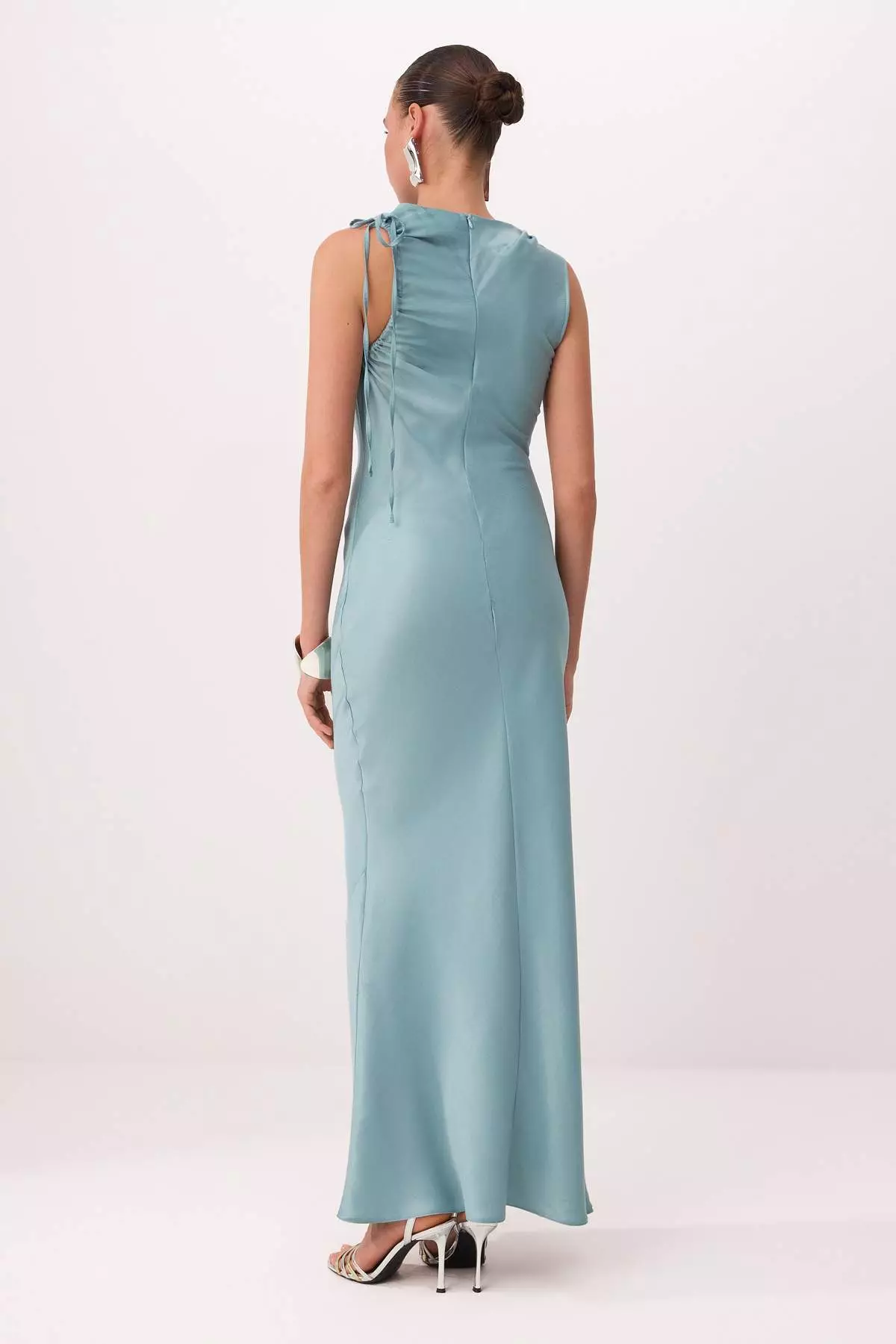 Aqua Green Gathered / Drape Detailed Satin Maxi Evening Dress & Graduation Gown Tprss26Ae16