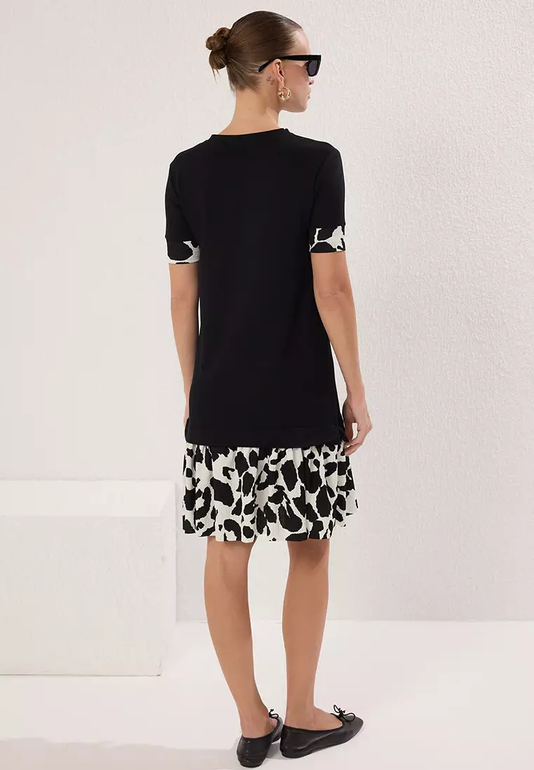 Black Animal Printed Crew Neck Short Sleeve Mini Knitted Dress Twoss25El00692