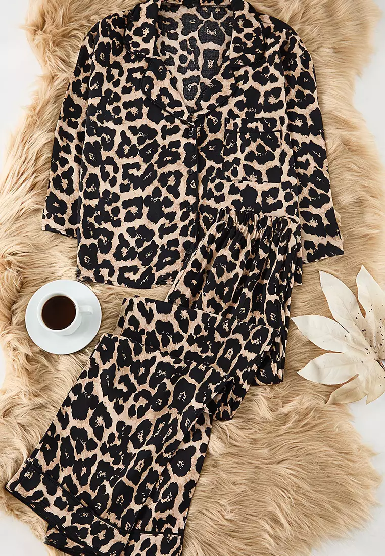 Multicolored Leopard Patterned Viscose Woven Pajama Set THMAW21PT0292
