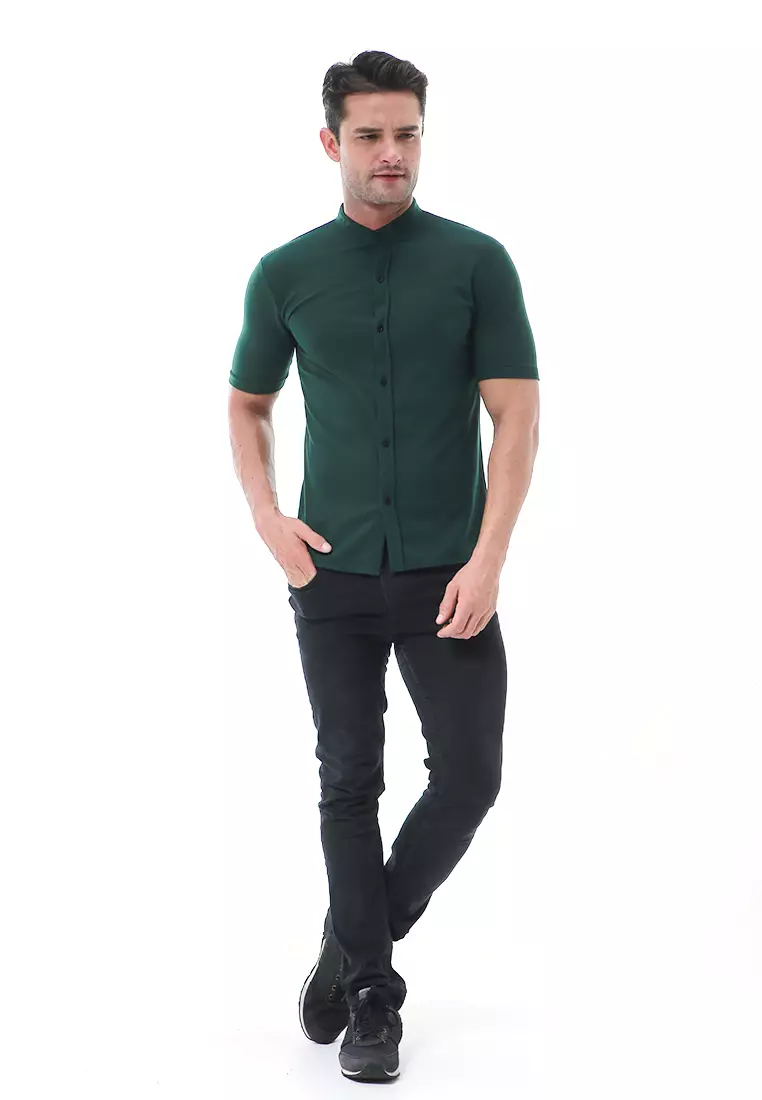 Leopold Atasan Pria Kemeja Kasual Slim Fit Lengan Pendek Motif Polos Material Cotton ORIGINAL - Green