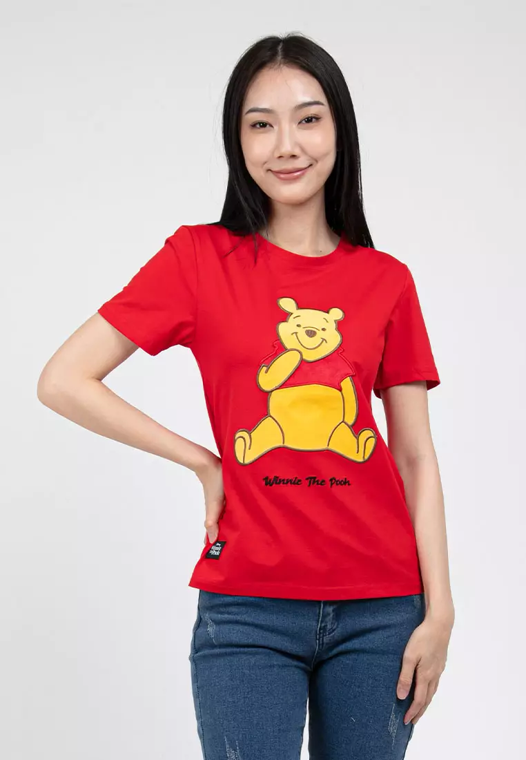 Forest X Disney Winnie The Pooh Fleece Texture Round Neck Family Tee Ladies - FW820055-51Red