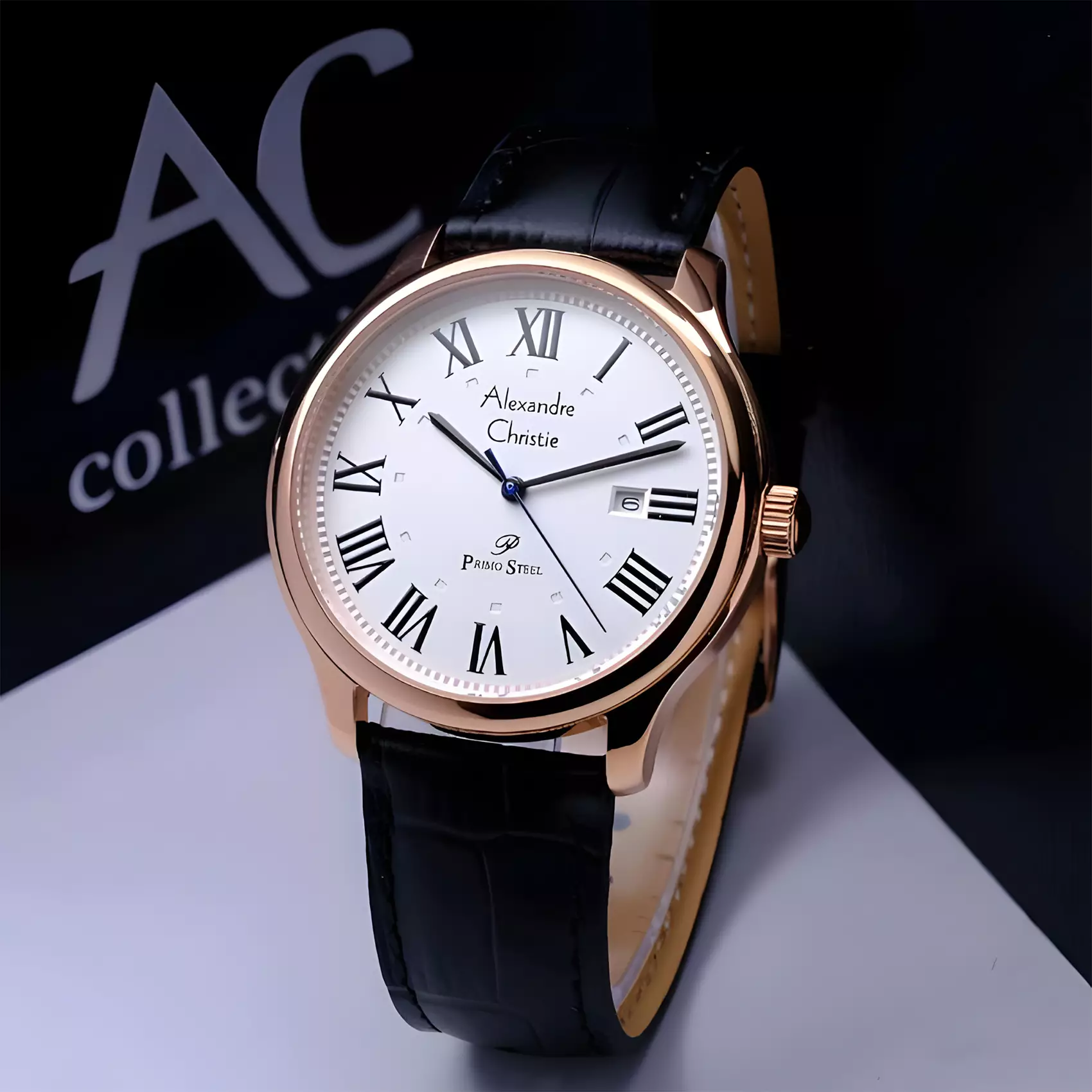 Alexandre Christie Primo Steel - Jam Tangan Analog Pria - Rose Gold Case - Black Leather Strap - 1042 MDLRGSL