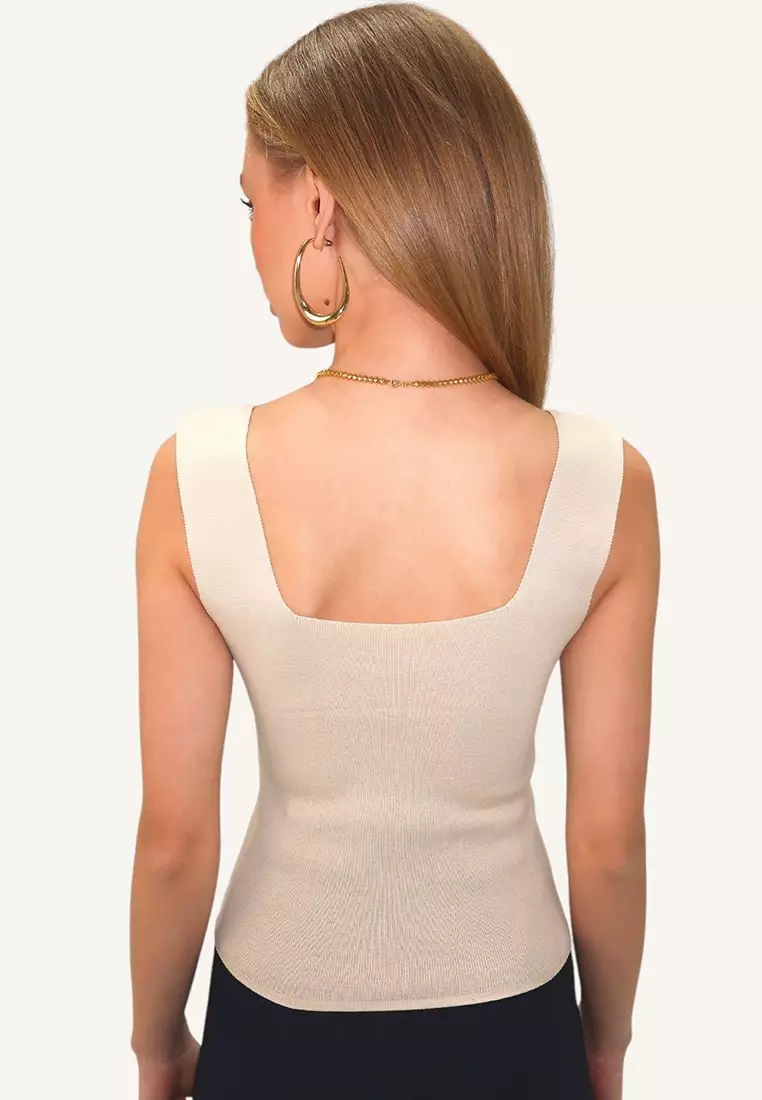 Women's Beige Square Neck Slim Mercerized Blouse