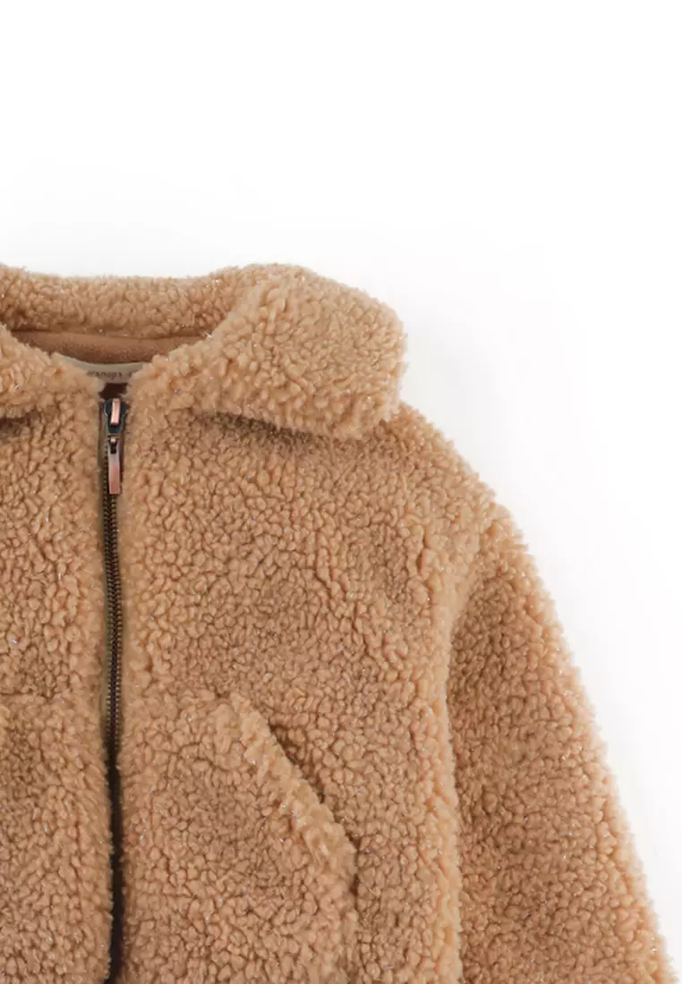 Girls Faux Shearling Bomber Jacket With Ribbed Hem And Cuffs