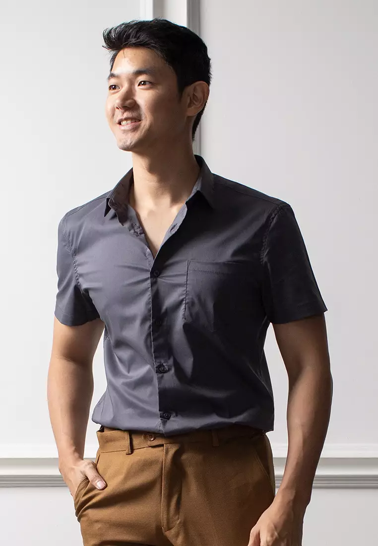Kemeja Tangan Pendek Formal Stretch Oxcon Charcoal Grey