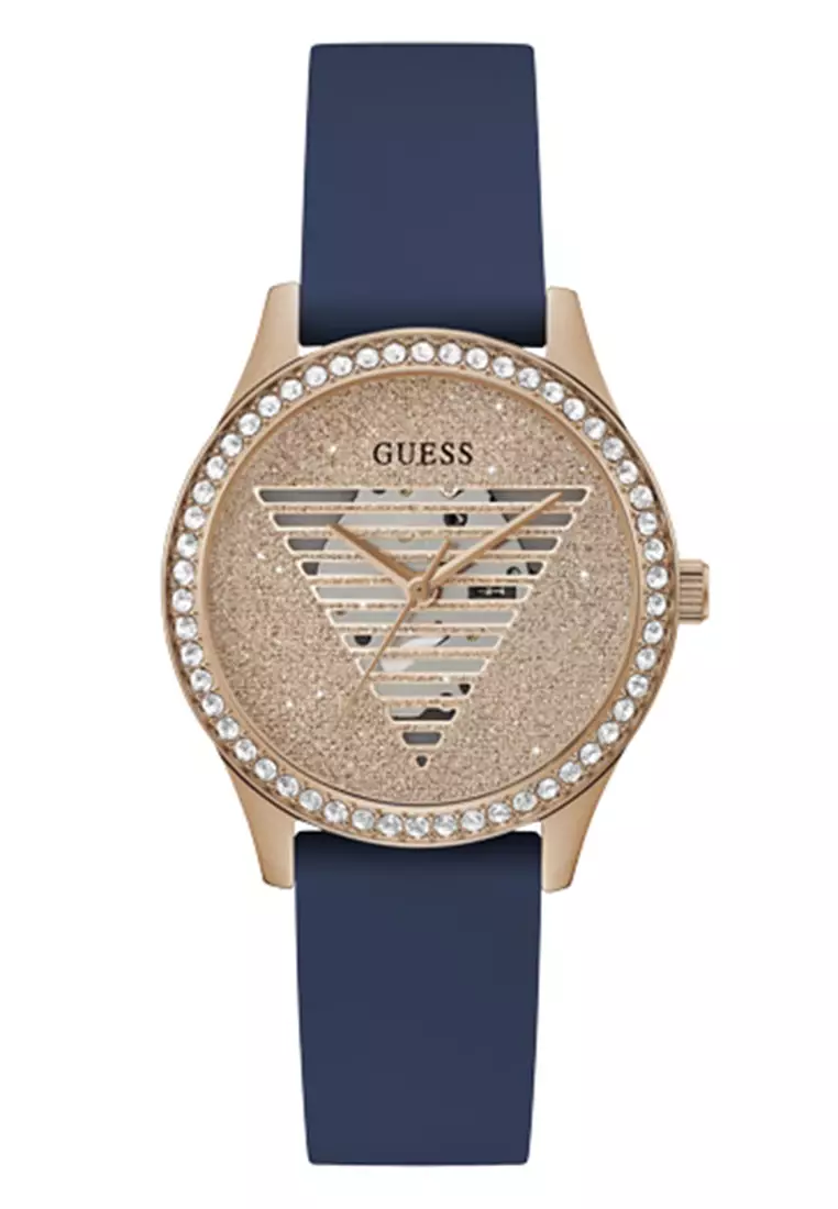 Guess Cosmo Diamonds Gold Dial Red Rubber Strap Watch for Women