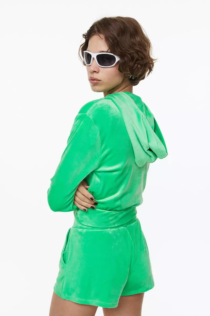 Cropped velour zip-through hoodie