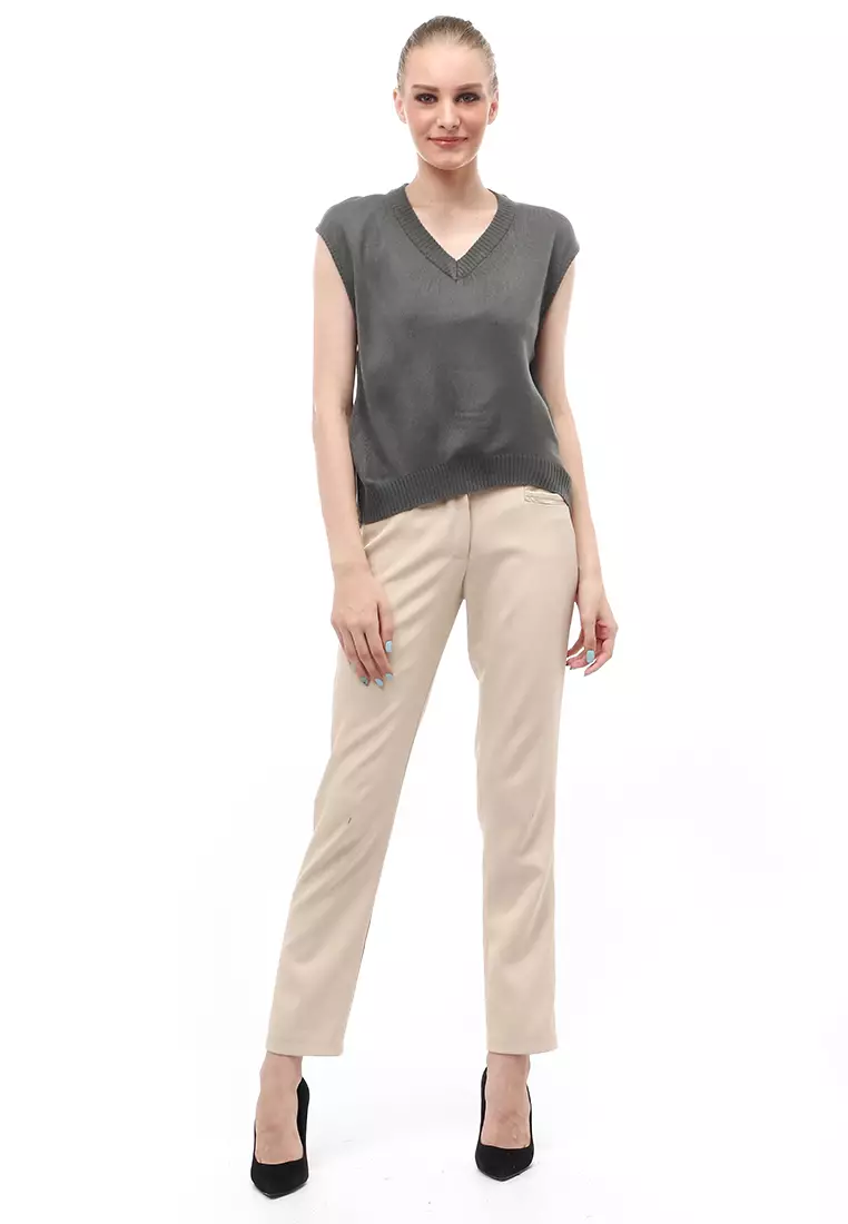 Vest Knit Atasan Wanita Sleeves Kerah V-neck Design Simple - Charcoal