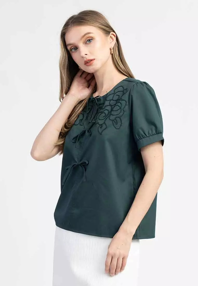 Elia Bow Front Top with Puff Short Sleeves