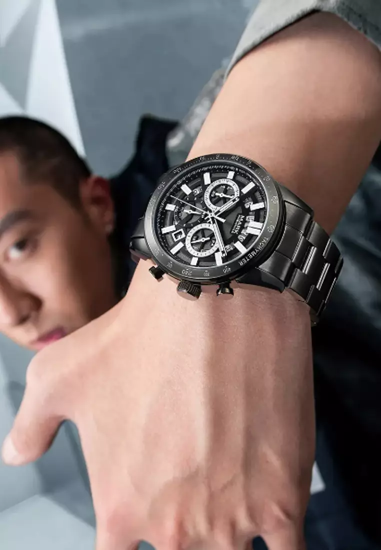 Unisex IP Black Alloy Chronograph Quartz Watch, 43mm, Stainless Steel Bracelet