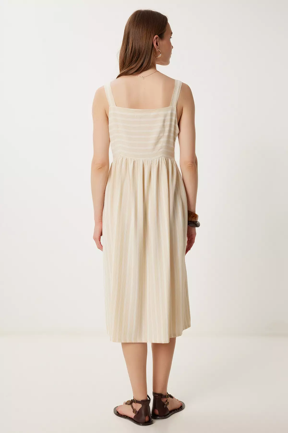 Women's Cream Strap Striped Summer Crinkle Dress Tp00054