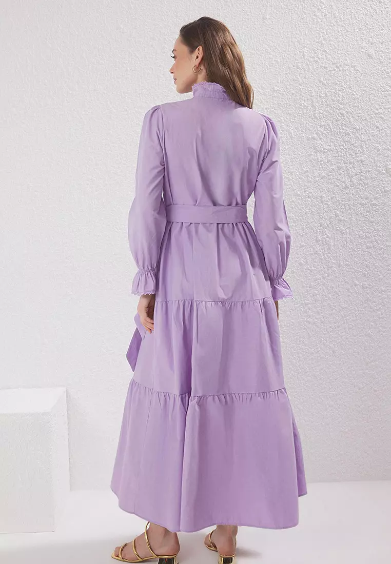 Lilac Gold Ribbon Bow Accessory Buttoned Cotton Woven Dress Tctss25Eb00100