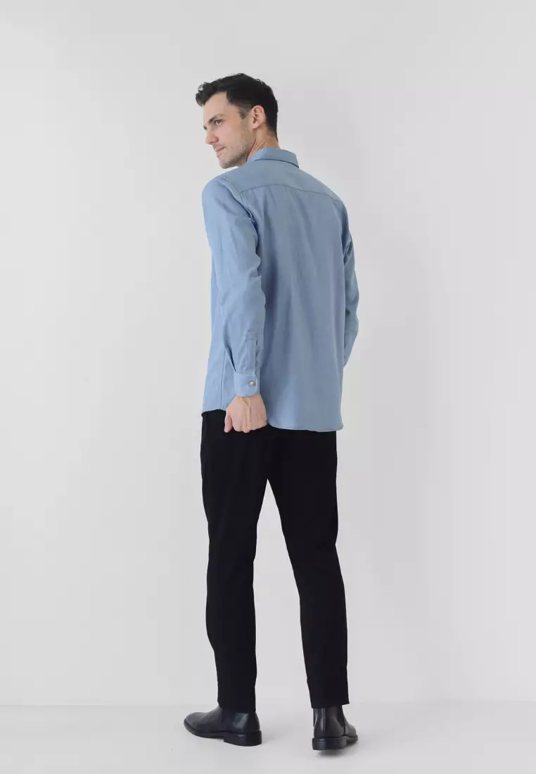 Cotton Well Light Denim Series in Washed Blue | Kemeja Lengan Panjang Denim Biru