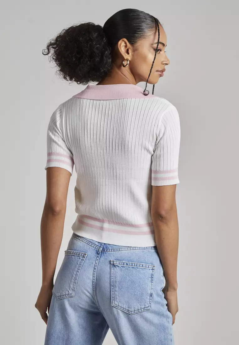 Pink Vanilla Ivory/Pink Collared Sports Stripe Knitted Top
