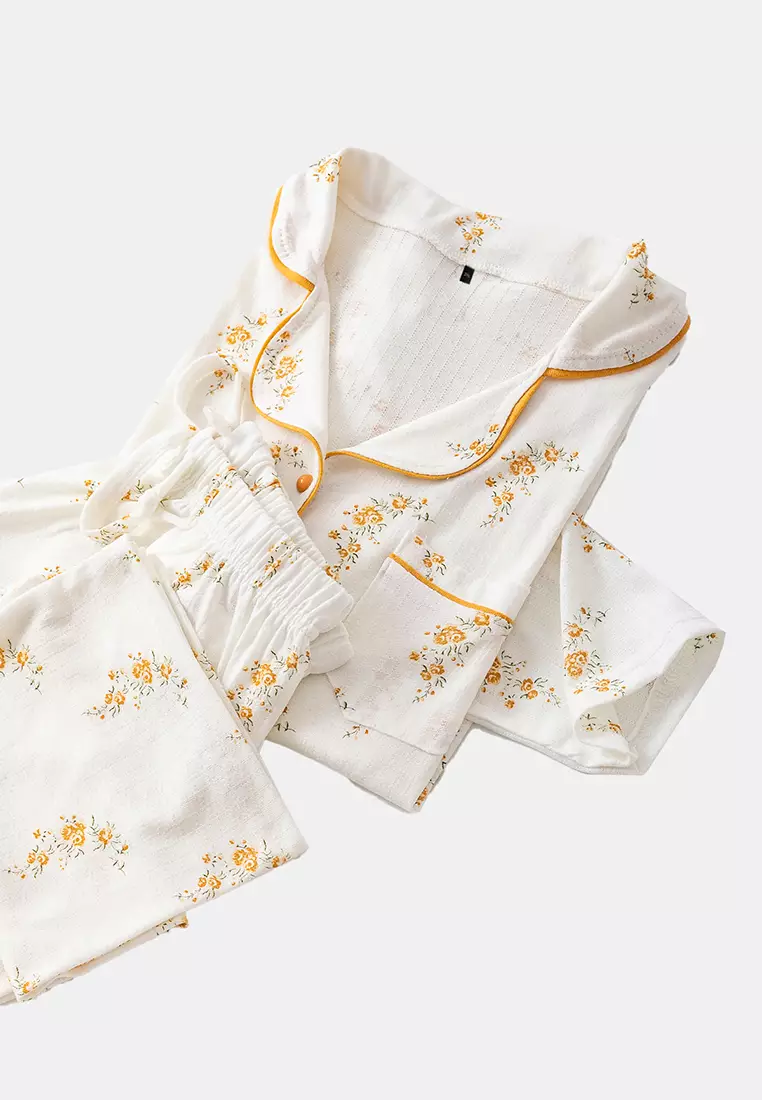 Multicolored Floral Patterned Shirt Collar Textured Knitted Pajama Set