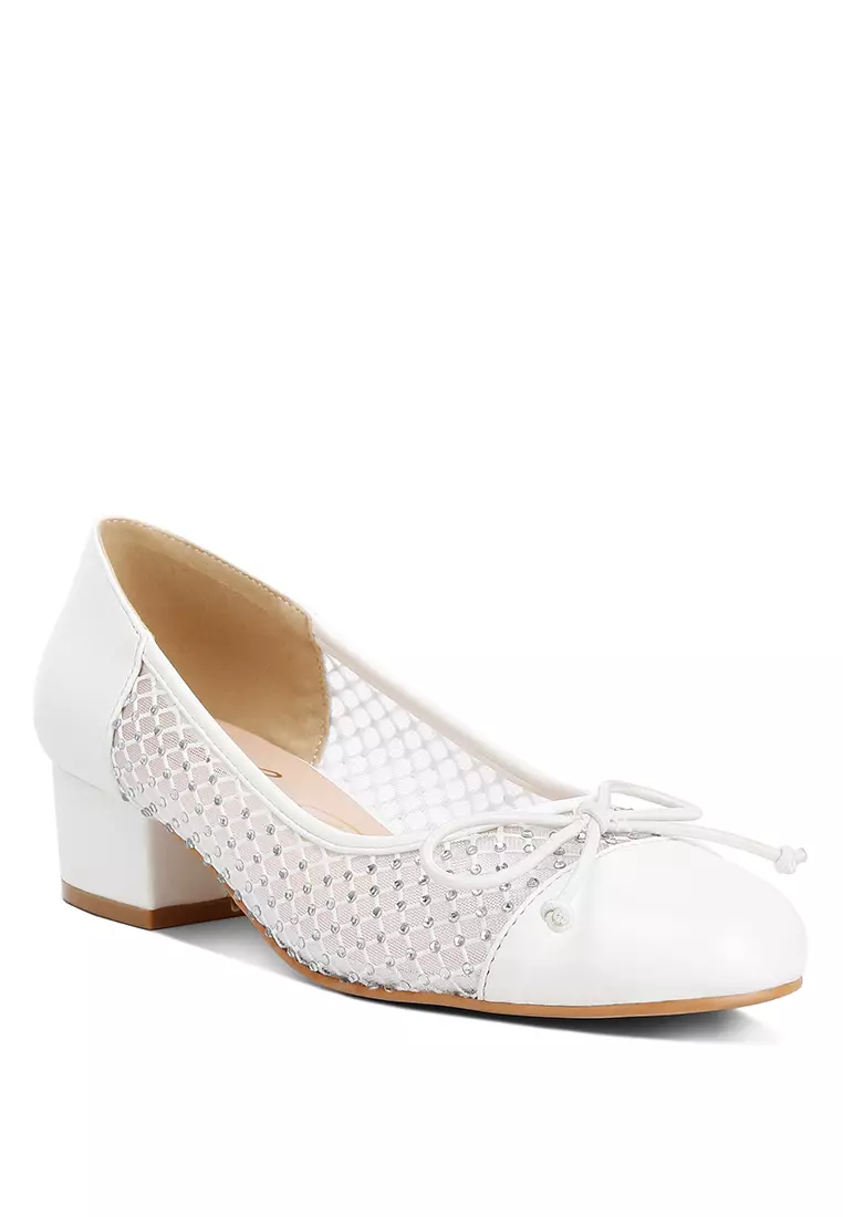 Rhinestone Detail Mesh Ballerinas in White