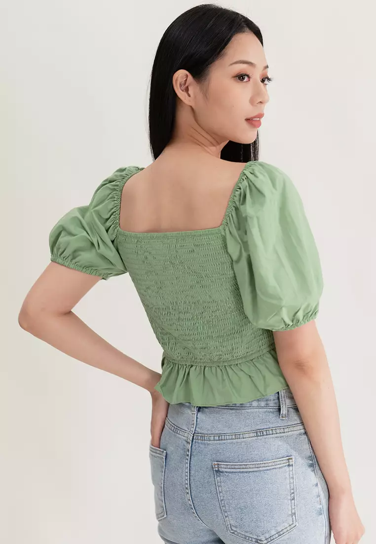 泡泡袖露腰短上衣