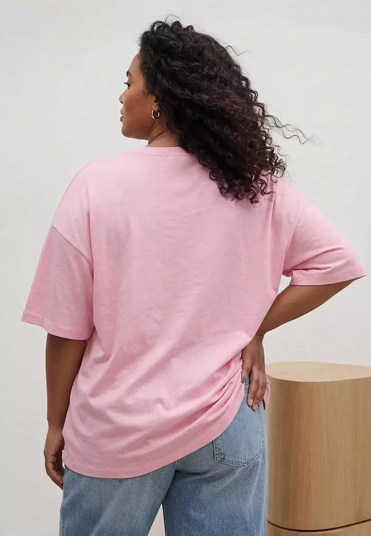 Pink Stone Collar Relaxed Fit 100% Cotton Knitted Plus Size T-Shirt Tbbss25Bf00021