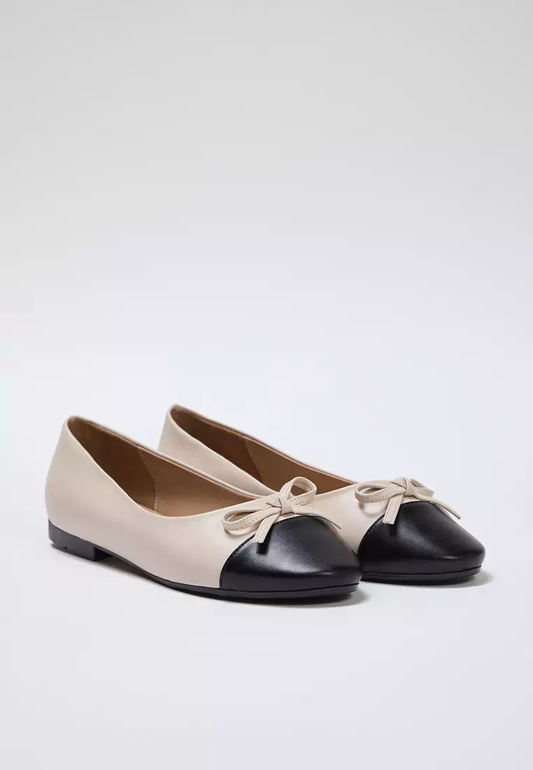 Beige Bow Detailed Color Blocked Almond Toe Women's Ballerinas Takss25Be00000