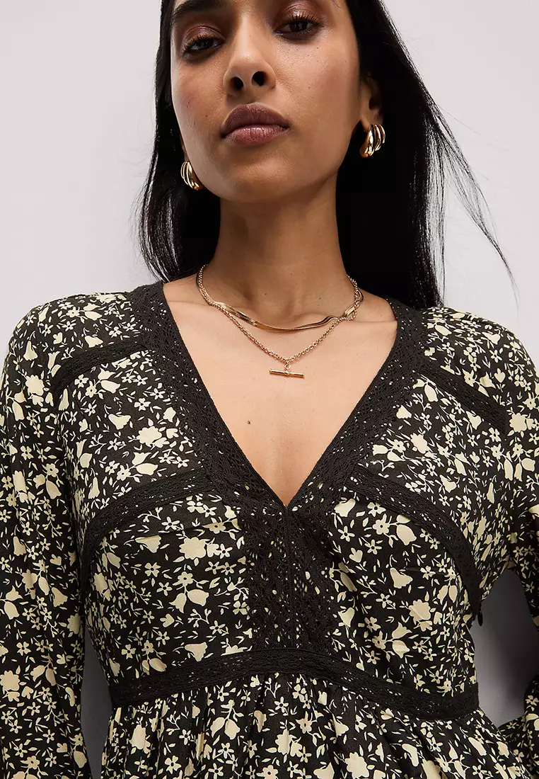 Printed Lace Insert Mini Waisted Dress