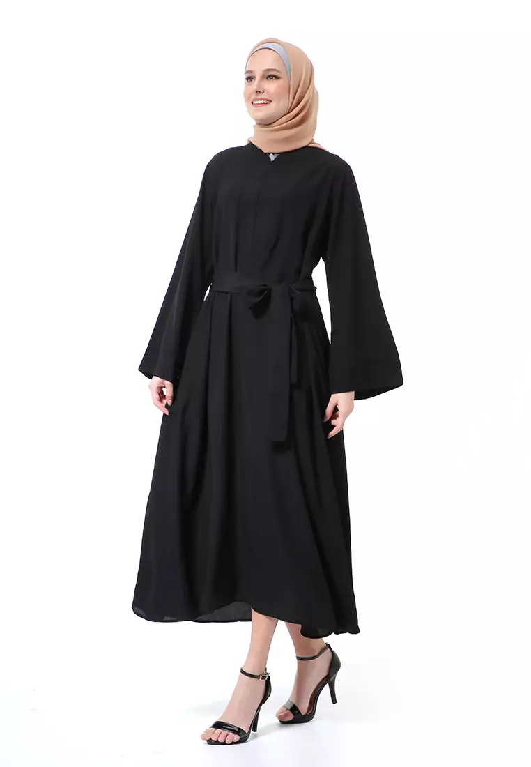 Khalisa Aiza Long Abaya Gamis Self Tie Belt Premium High Quality - Black