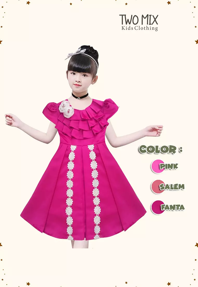 Two Mix - Dress Anak Natal Perempuan - Gaun Anak Cewek Pesta Christmas Satin 1-12 Tahun Y887 Colour Fanta