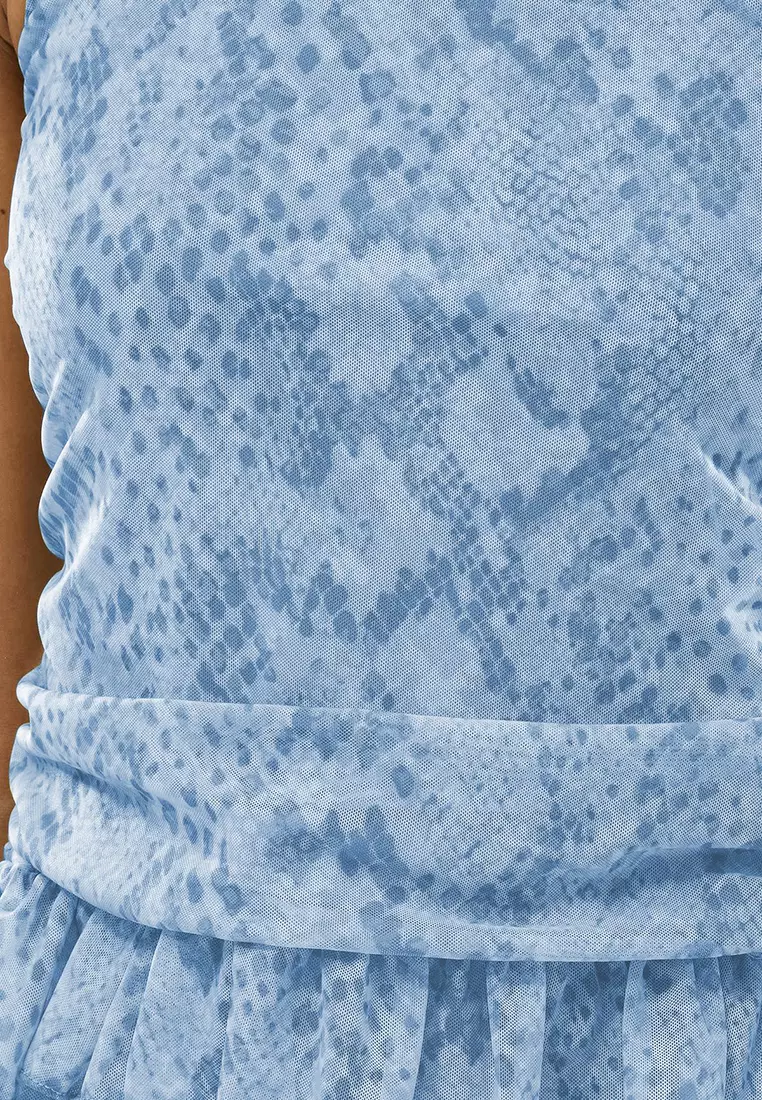 Blue-Multicolor Printed Halter Neck Sleeveless Ruffle Knitted Tulle Chic/Evening Blouse