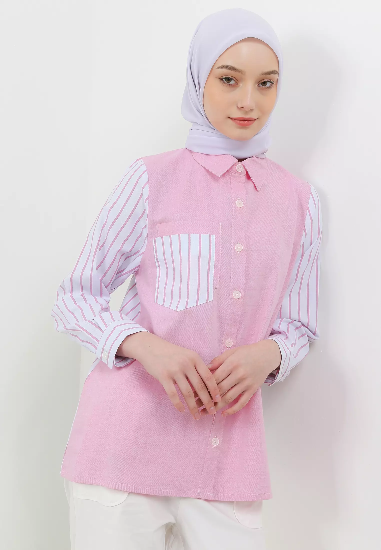 MFMW Viny Atasan Kemeja Pink Motif Salur