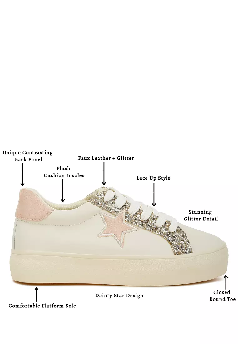 Sepatu Kets Glitter Bintang Metalik dalam Warna Emas Muda Krem